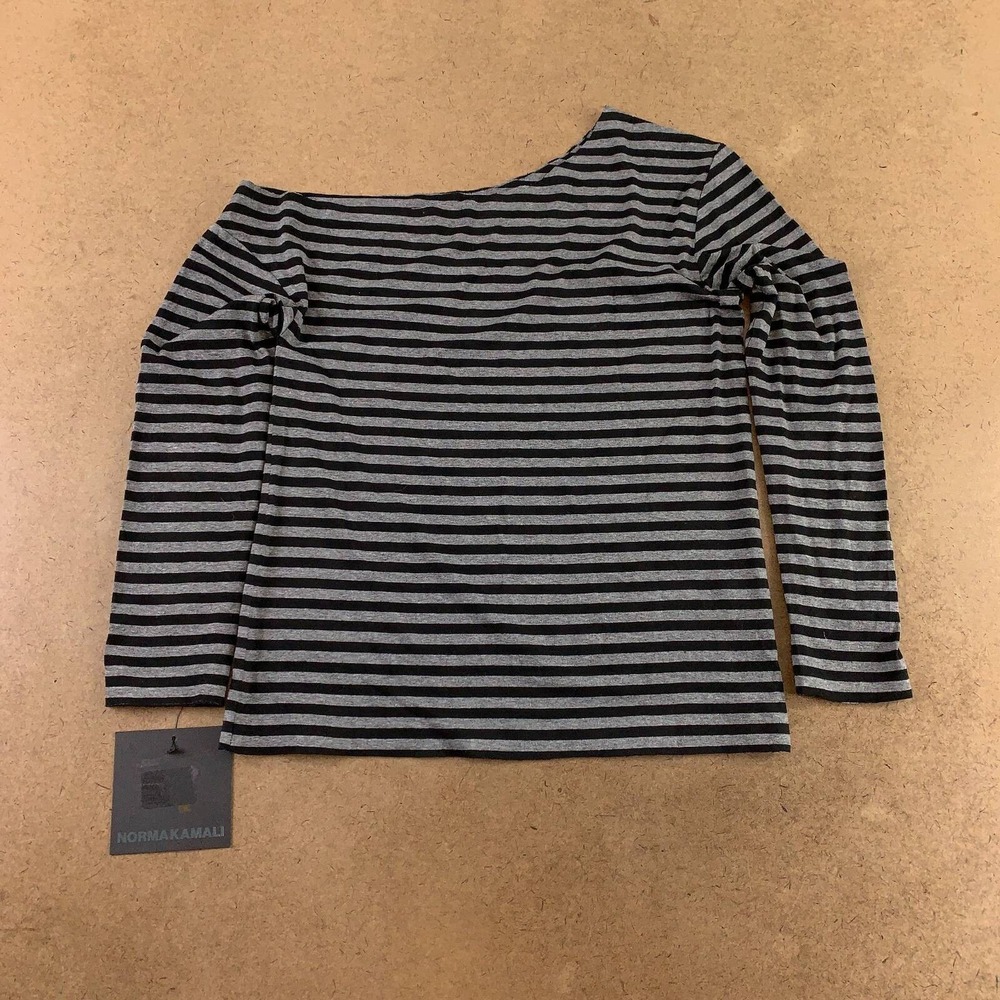 Norma Kamali Womens XXS Black Gray Striped Long Sleeve Drop Shoulder Top NWT